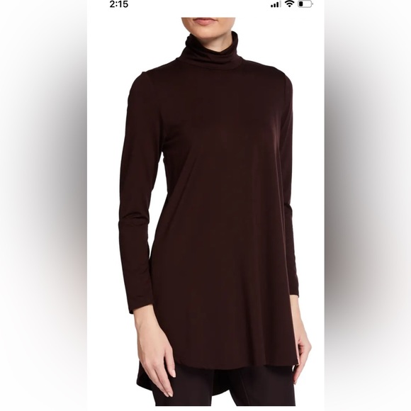 Eileen Fisher Scrunched Turtleneck Jersey Tunic, Brown, Size Small - Picture 1 of 10